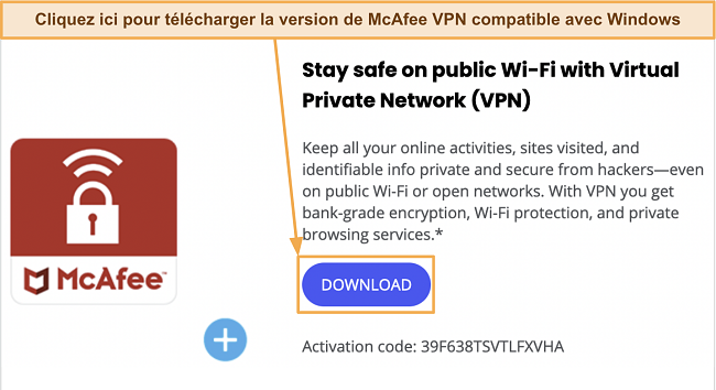 Capture d'écran de l'écran de téléchargement de l'application VPN McAfee pour Windows