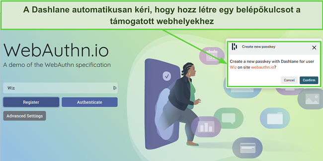 Képernyőkép arról, hogy a Dashlane kéri egy kulcs létrehozását a webauthn.io számára
