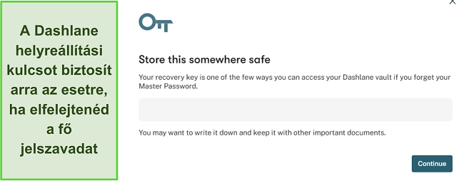 Képernyőkép a Dashlane helyreállítási kulcs funkciójáról