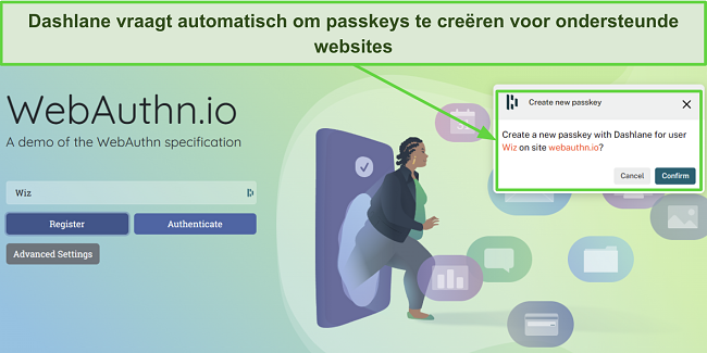 Screenshot van Dashlane die vraagt om een toegangssleutel te creëren voor webauthn.io