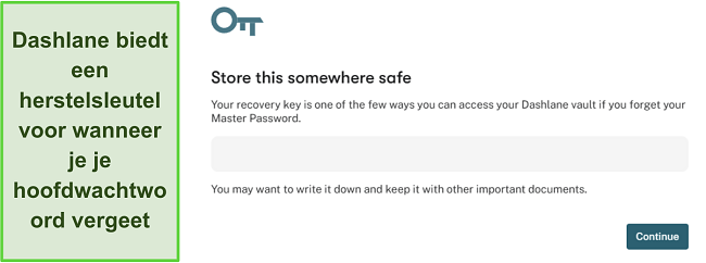 Screenshot die de herstelsleutelfunctie van Dashlane laat zien