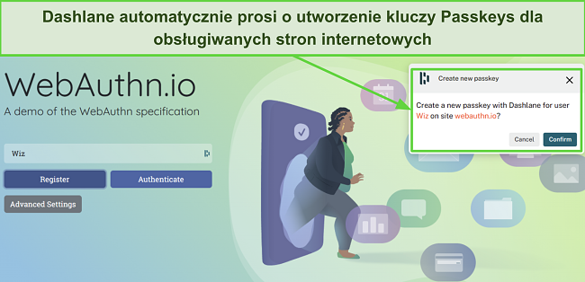 Zrzut ekranu z prośbą Dashlane o utworzenie klucza dostępu dla webauthn.io