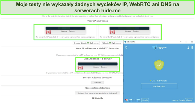 Zrzut ekranu testu wycieku IP i DNS przeprowadzonego na serwerze hide.me