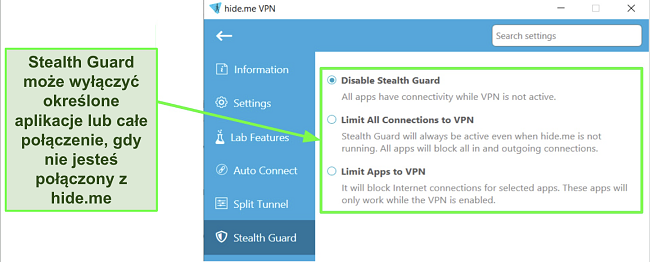 Zrzut ekranu ustawień Stealth Guard w aplikacji hide.me na Windows