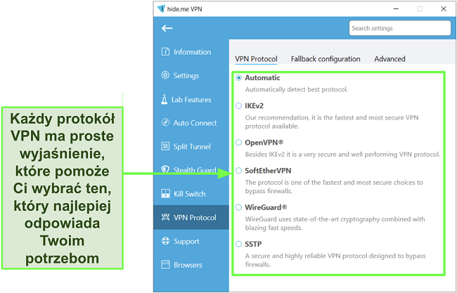 Zrzut ekranu z listą protokołów VPN hide.me