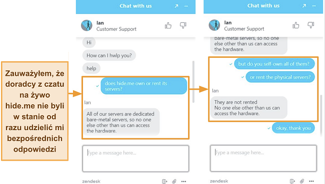 Zrzuty ekranu z rozmowy na czacie na żywo z agentem hide.me