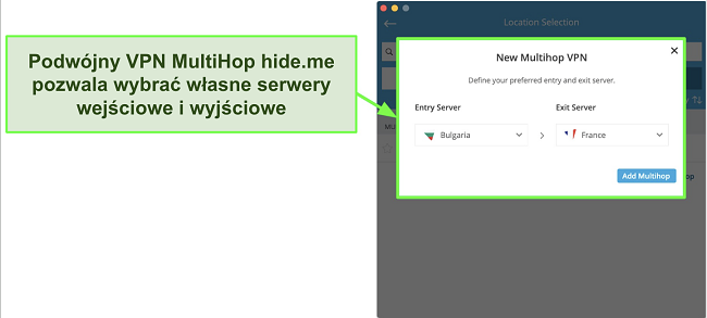 Zrzut ekranu tworzenia połączenia Multihop double VPN w aplikacji hide.me na MacOS