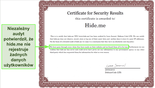 Zrzut ekranu certyfikatu bezpieczeństwa przyznanego hide.me potwierdzającego jego politykę braku logów