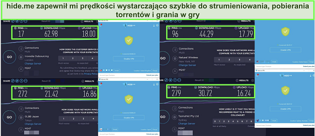 Zrzuty ekranu z testów prędkości przeprowadzonych na 4 serwerach hide.me