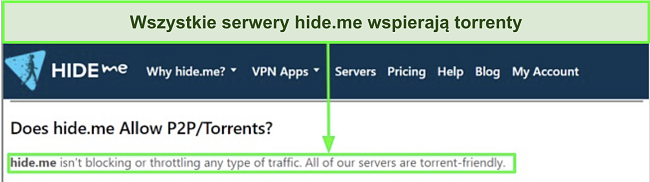 Zrzut ekranu z FAQ hide.me potwierdzający, że VPN wspiera torrentowanie