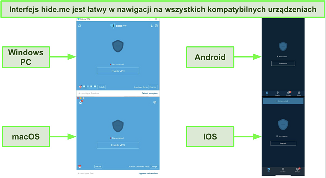 Zrzuty ekranu interfejsu aplikacji hide.me na Windows, Android, macOS i iOS