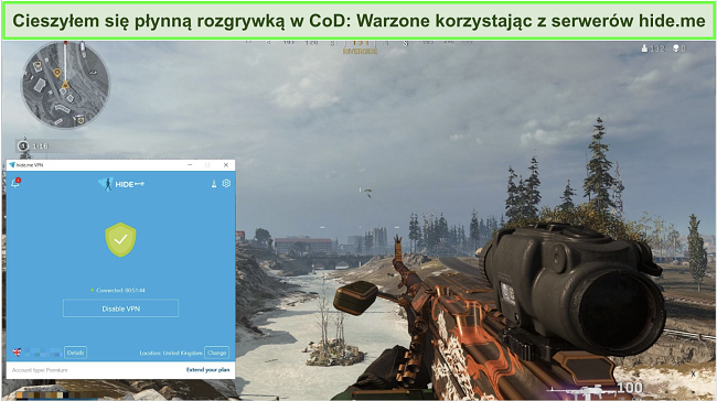 Zrzut ekranu z rozgrywki w Call of Duty: Warzone z połączeniem serwera hide.me