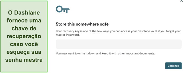 Captura de tela mostrando a funcionalidade de chave de recuperação do Dashlane