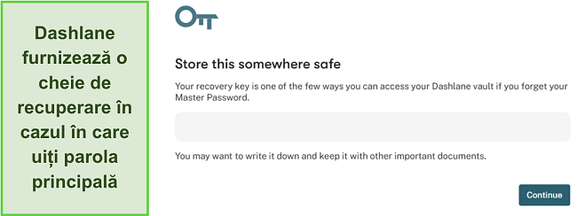 Captură de ecran care arată caracteristica cheii de recuperare a Dashlane