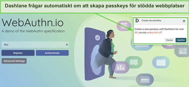 Skärmbild där Dashlane ber om att skapa en lösenordsnyckel för webauthn.io