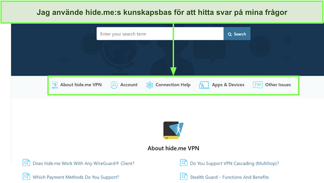 Skärmdump av hide.me:s kunskapsdatabassida