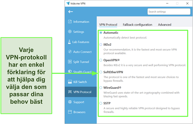 Skärmdump av hide.me:s lista över VPN-protokoll