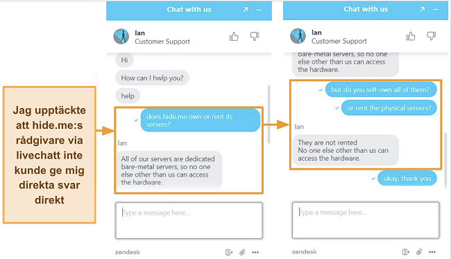 Skärmdumpar av en livechatt-konversation med en hide.me-agent