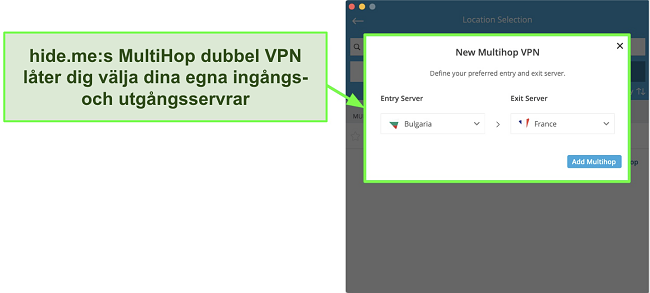 Skärmbild av skapandet av en Multihop dubbel VPN-anslutning på hide.me's MacOS-app
