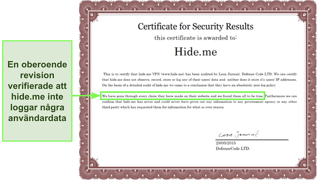 Skärmbild av säkerhetscertifikatet som tilldelades hide.me för att bekräfta dess no-logging policy