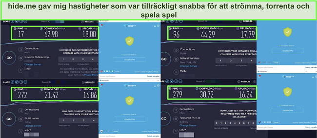 Skärmbilder av hastighetstester utförda på 4 hide.me-servrar