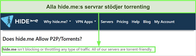 Skärmdump av hide.mes FAQ som bekräftar att VPN:et stöder torrenting