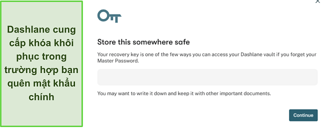Ảnh chụp màn hình hiển thị tính năng khóa phục hồi của Dashlane