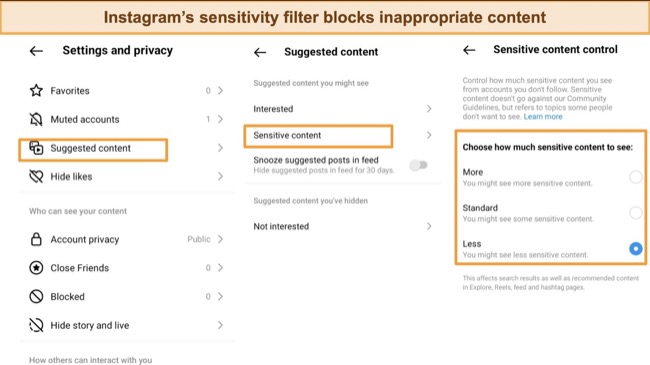 Graphic showing Instagram's sensitivity filter features