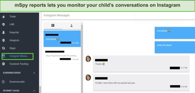 graphic showing mSpy's conversation monitoring feature using Instagram Messenger