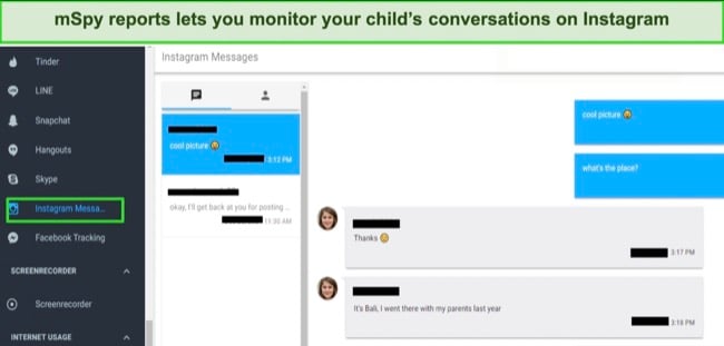 graphic showing mSpy's conversation monitoring feature using Instagram Messenger