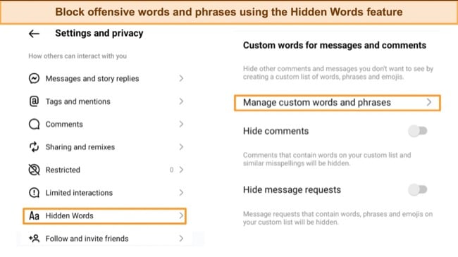 Graphic showing Instagram's Hidden Words settings