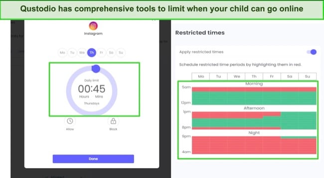 Graphic showing Qustodio's restricted times feature using Instagram