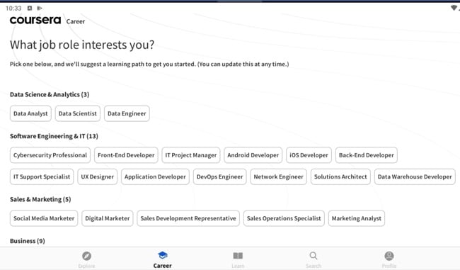 Coursera interests screenshot