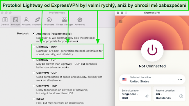 Snímek obrazovky se seznamem protokolů ExpressVPN