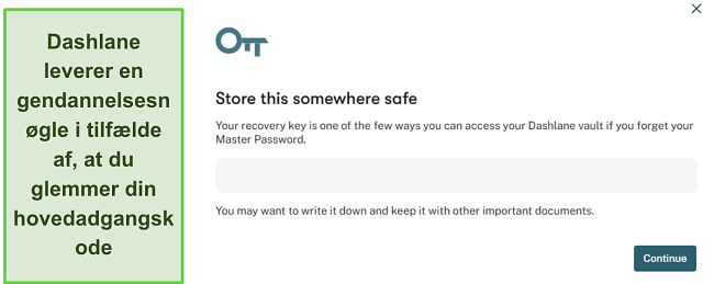 Skærmbillede der viser Dashlanes funktion for gendannelsesnøgle