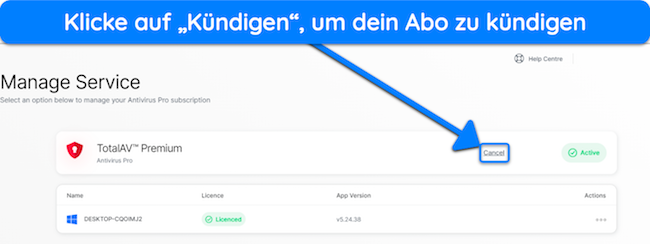 Screenshot, der zeigt, wie Sie den Kündigungsprozess für Ihr TotalAV-Abonnement starten