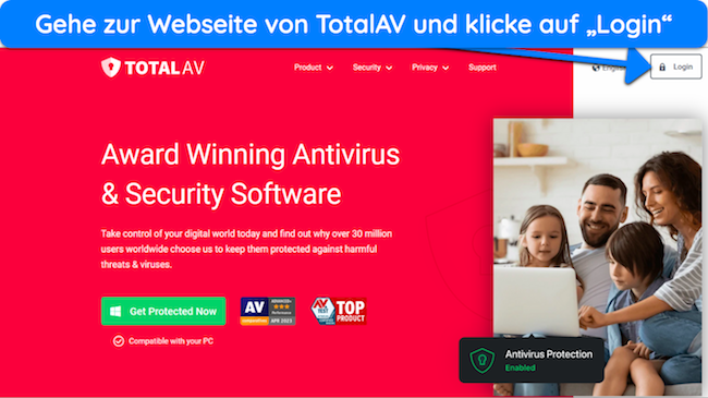 Screenshot, der zeigt, wie man auf das Anmeldeformular auf der Website von TotalAV zugreift