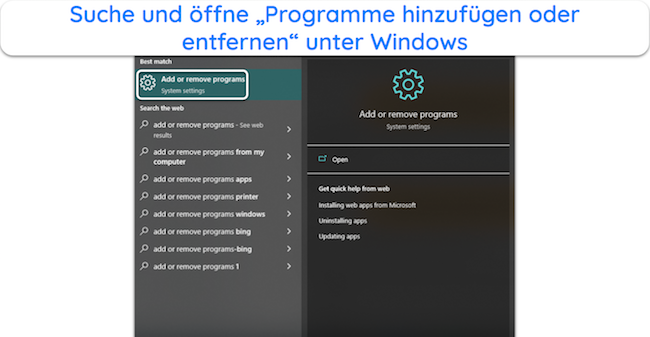 Screenshot, der zeigt, wie das Windows-Menü „Apps und Funktionen“ geöffnet wird