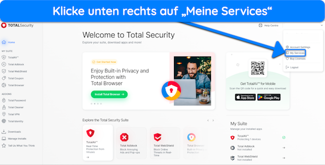 Screenshot, der zeigt, wie man im TotalAV-Webportal auf das Menü für aktive Abonnements zugreift