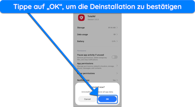 Screenshot, der zeigt, wie die Deinstallation von TotalAV von Android bestätigt wird