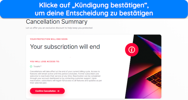 Screenshot mit der endgültigen Bestätigung vor der Kündigung Ihres TotalAV-Kontos