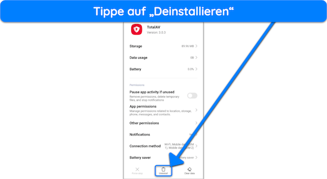 Screenshot, der zeigt, wie TotalAV von Android deinstalliert wird