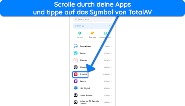 Screenshot, der TotalAV in den installierten Android-Apps zeigt