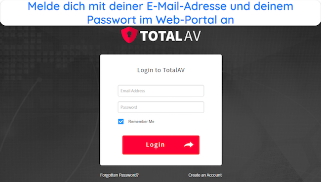Screenshot, der das Anmeldeformular auf der Website von TotalAV zeigt