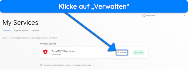Screenshot, der zeigt, wie man ein aktives TotalAV-Abonnement verwaltet