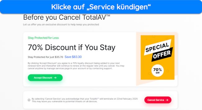 Screenshot eines Rabattangebots vor der Kündigung von TotalAV