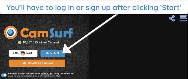 Screenshot of Camsurf's homepage, showing the 'Start' button