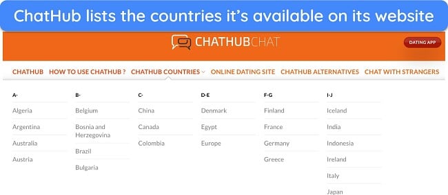 Screenshot of the list of countries ChatHub works in available on its website