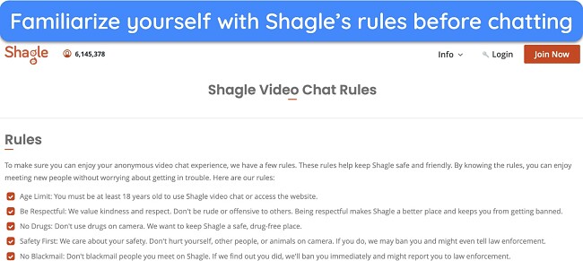 Screenshot of Shagle's video chat rules list on its website