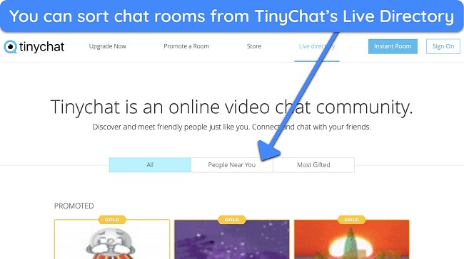 Screenshot of TinyChat's homepage, showing Live Directory listings of live chat rooms